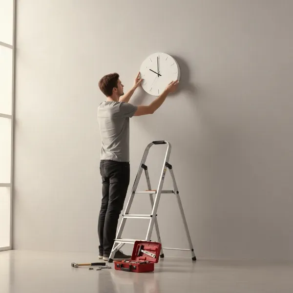 A person installing a new wall clock on a freshly painted wall in a modern home, with tools nearby