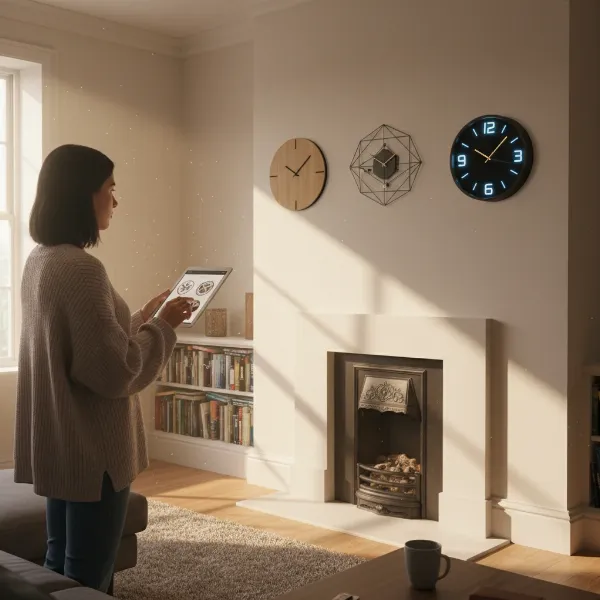 A person thoughtfully selecting a wall clock, perhaps browsing options online or in a store, considering various styles and sizes