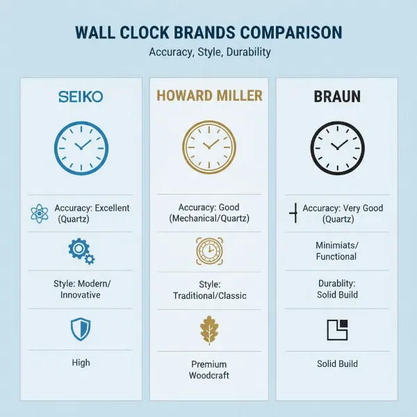 Side-by-side comparison of different wall clock brands and their key features