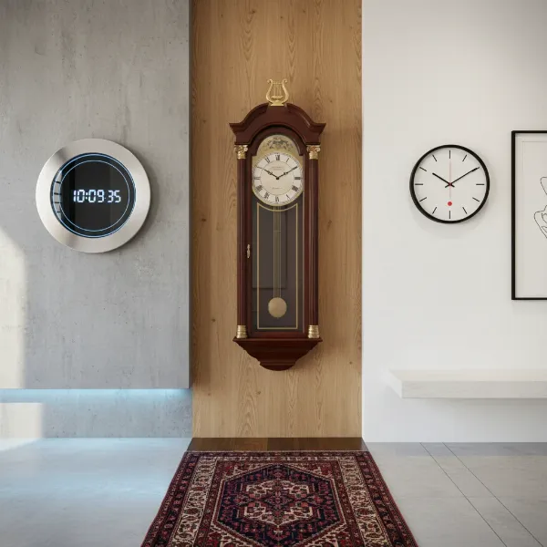 A visual comparison of three distinct wall clock brands (Seiko, Howard Miller, Braun) highlighting their design elements, materials, and typical features against a backdrop of varying interior styles. 