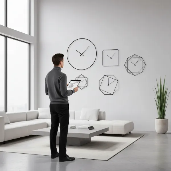 A person considering different wall clock features and styles in a modern home setting.