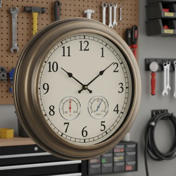 A robust analog wall clock with large, clear numbers, a metallic finish, and integrated temperature and humidity gauges, mounted in a well-equipped garage.