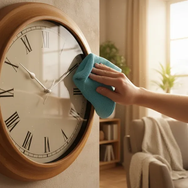 A person gently cleaning the face of an analog wall clock with a microfiber cloth in a domestic setting