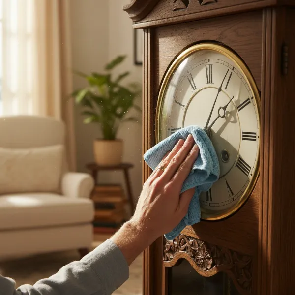 Person cleaning and maintaining a wall clock with care