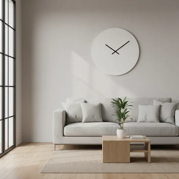 A minimalist living room with a sleek, modern wall clock as a subtle focal point.