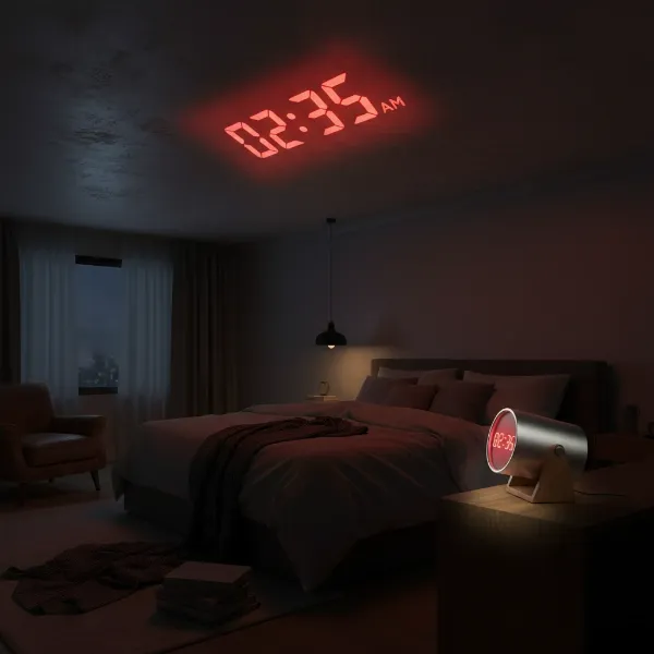 A modern projection clock displaying time brightly on a bedroom ceiling at night.
