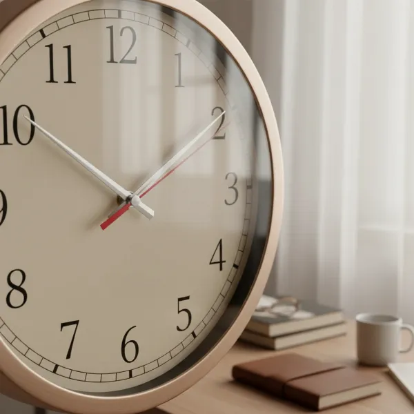 Close-up of a silent wall clock's sweeping second hand in a serene home office