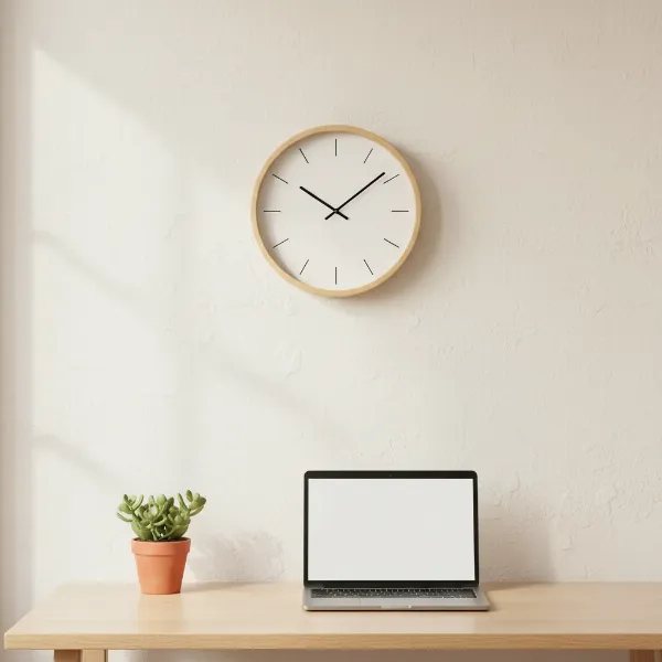A stylish, minimalist wall clock with a wood frame and clear, easy-to-read numbers in a modern home office setting.