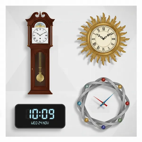 Diverse styles of wall clocks including analog, digital, pendulum, and modern designs