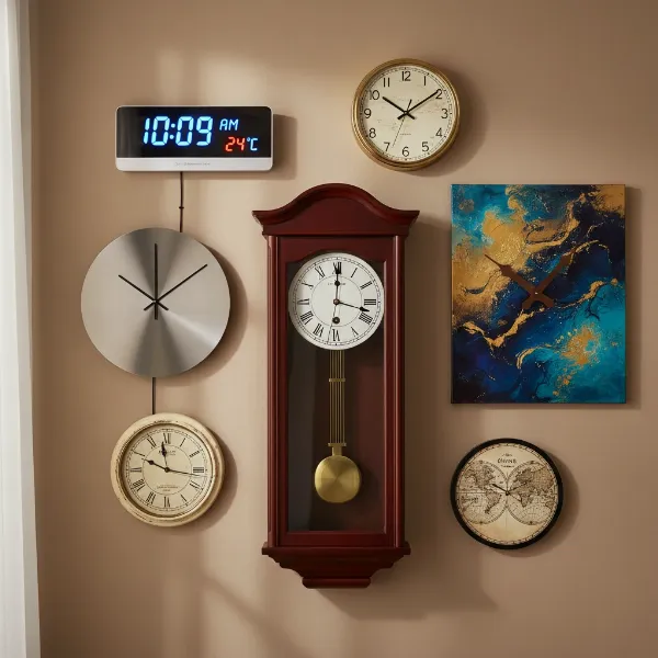 A curated collection of diverse wall clocks showcasing traditional analog, sleek modern, vibrant digital, and artistic decorative styles hanging on a textured wall, bathed in soft, inviting light. 