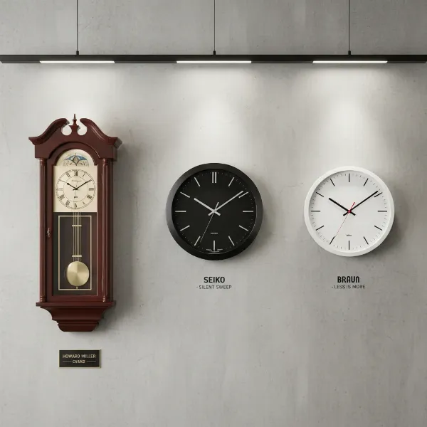 Three distinct wall clocks representing different brands in a side-by-side comparison on a wall.