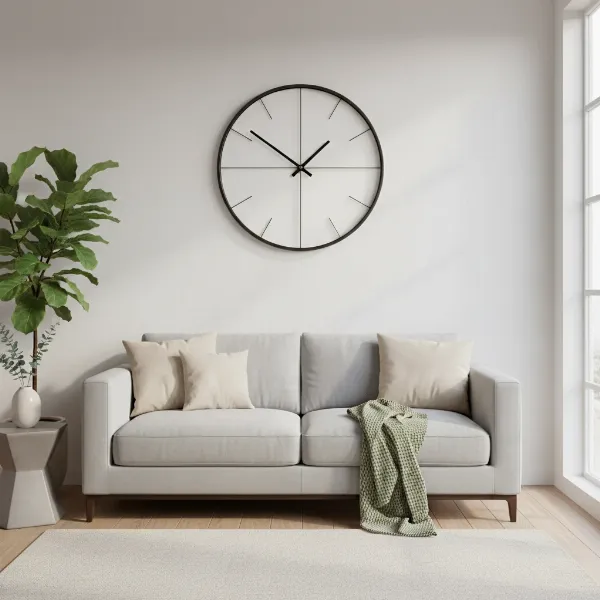 A stylish wall clock as a focal point in a modern living room.