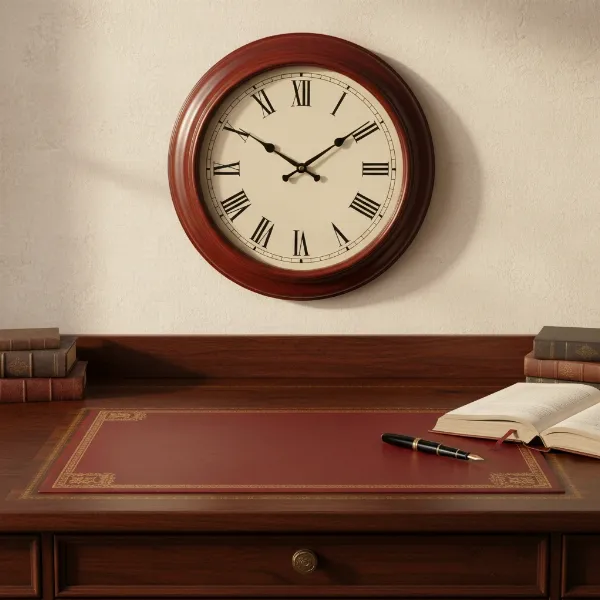 A classic analog wall clock with Roman numerals in a well-appointed home office setting.
