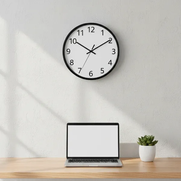 A minimalist analog wall clock mounted above a clean desk with a laptop and a plant.