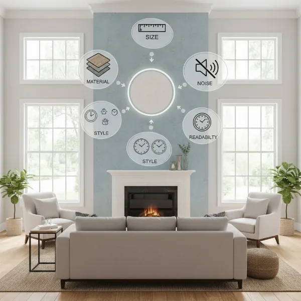 Key factors for choosing a wall clock, like size, material, and design in a home setting
