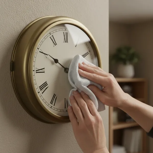 A person gently dusting a wall clock, emphasizing care and maintenance in a home setting.