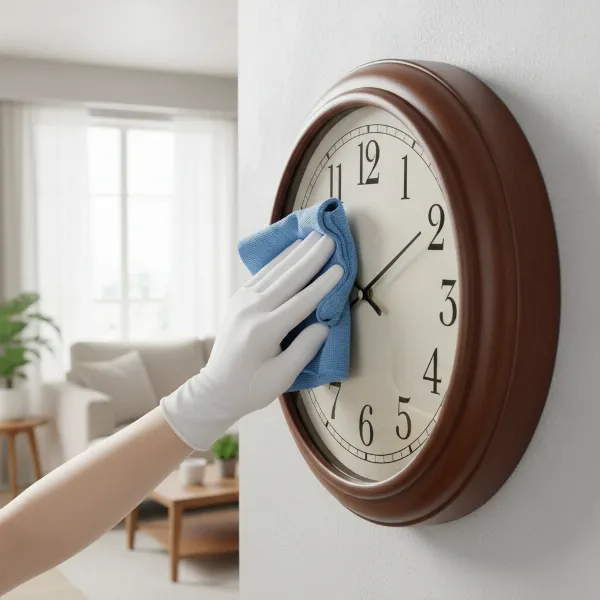 A person gently cleaning a wall clock with a soft cloth, demonstrating good maintenance practices, in a brightly lit, organized home setting. 