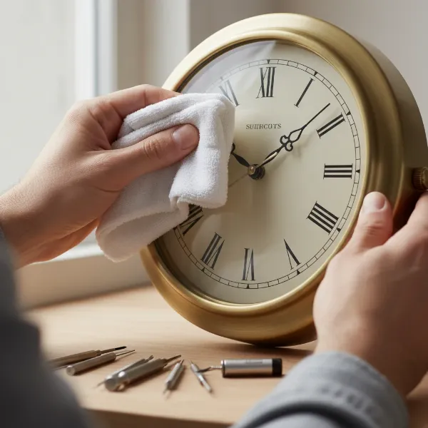 Tips for cleaning and maintaining a wall clock, showing hands gently wiping a clock face or changing a battery