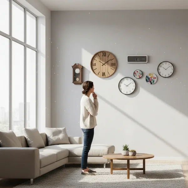 A person thoughtfully selecting a wall clock in a stylish home interior, considering size and design.