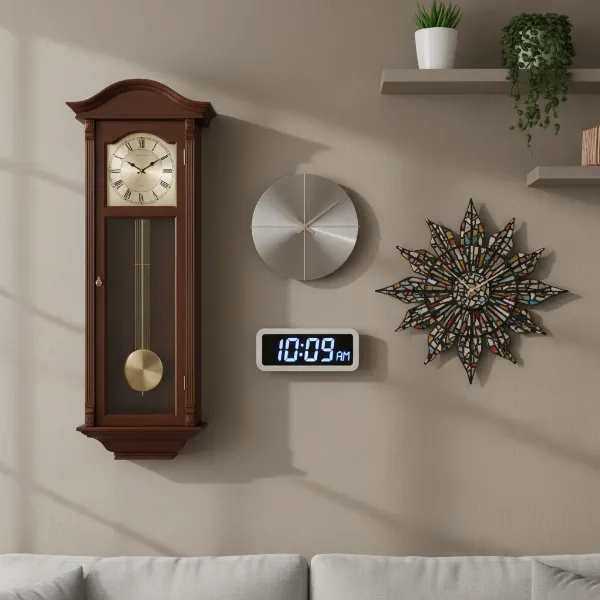 A diverse collection of wall clocks showcasing traditional, modern, digital, and artistic styles hanging on a subtly textured wall
